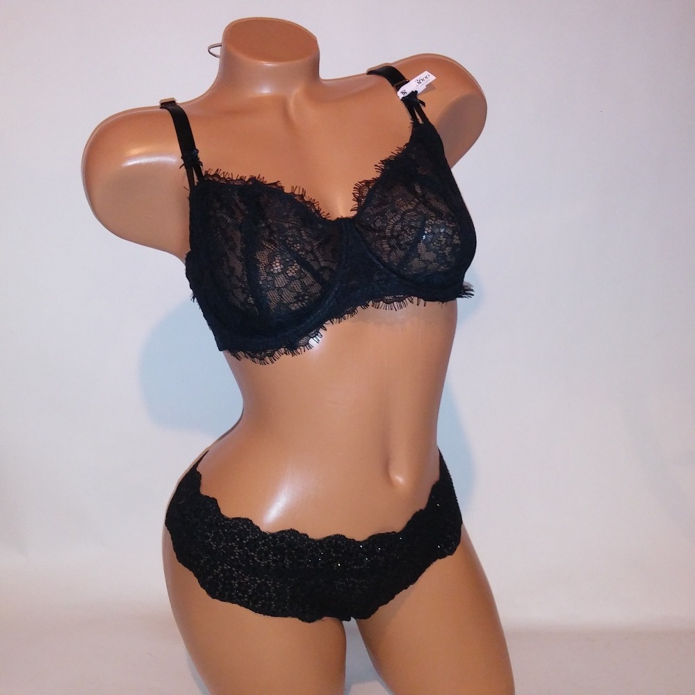 Victoria's Secret Bra Set 36DD Push Up Without Padding Medium Thong Black Bling